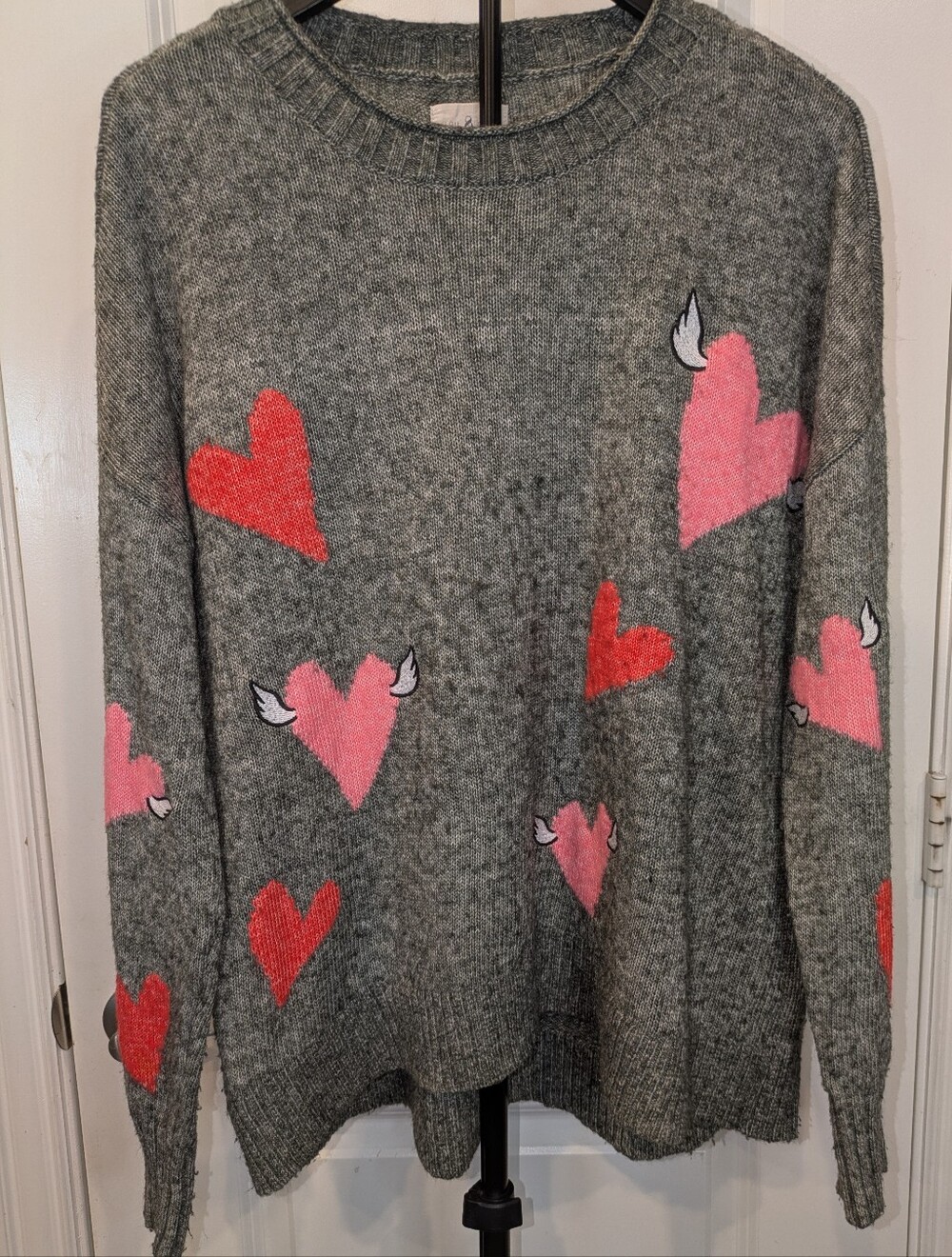 Lou & Grey XL Winged Heart Sweater Gray Pink Red Valentine Novelty Knit
